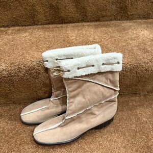 Vaneli Suede Booties with Faux Fur Trim, Tan/Cream, Sz 8N